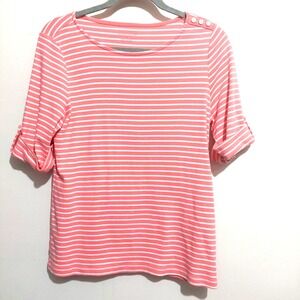 Christopher & Banks Womens Med Striped Pullover Top Short Roll Tab Sleeve Cotton